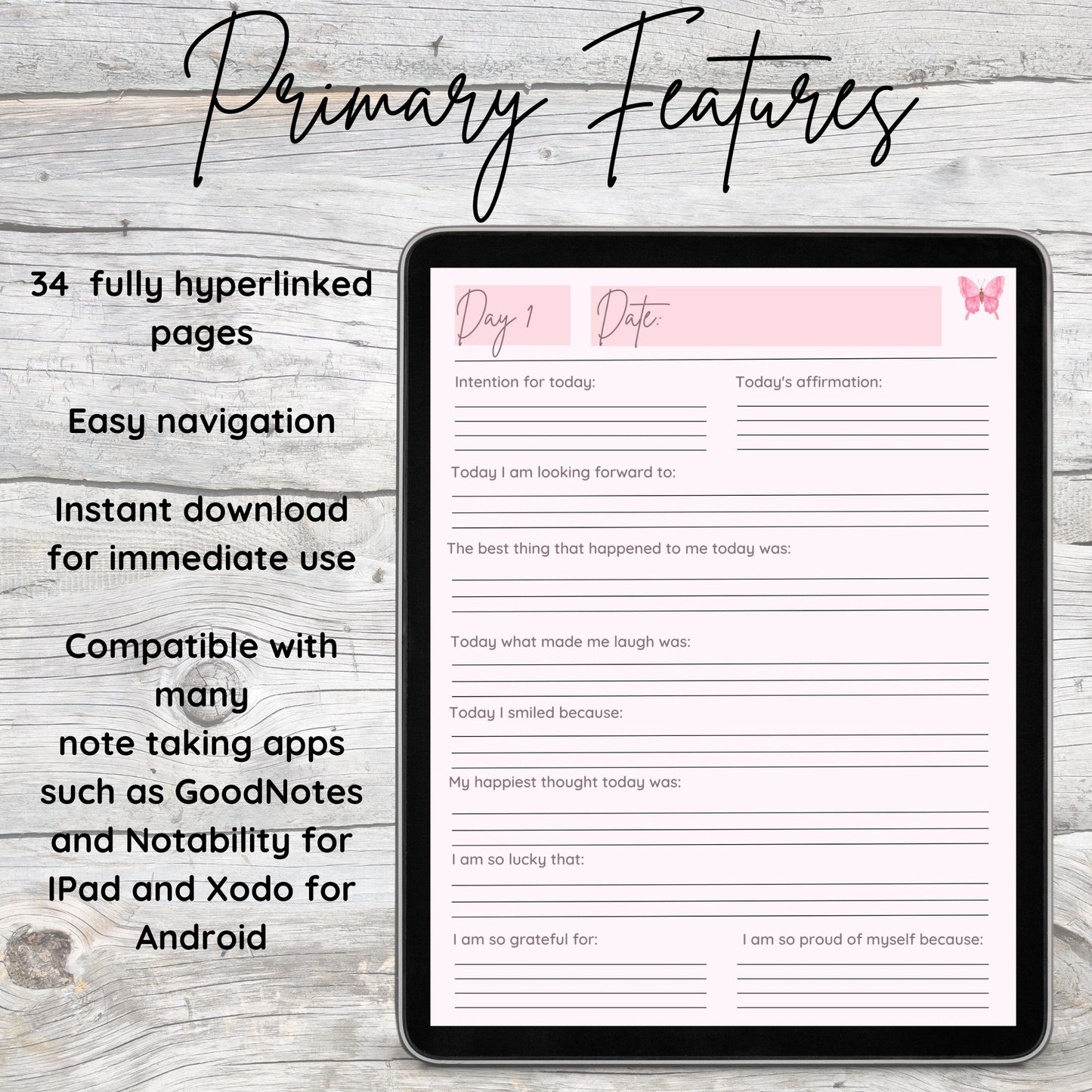 black tablet showing pink digital gratitude journal daily page and describing primary features