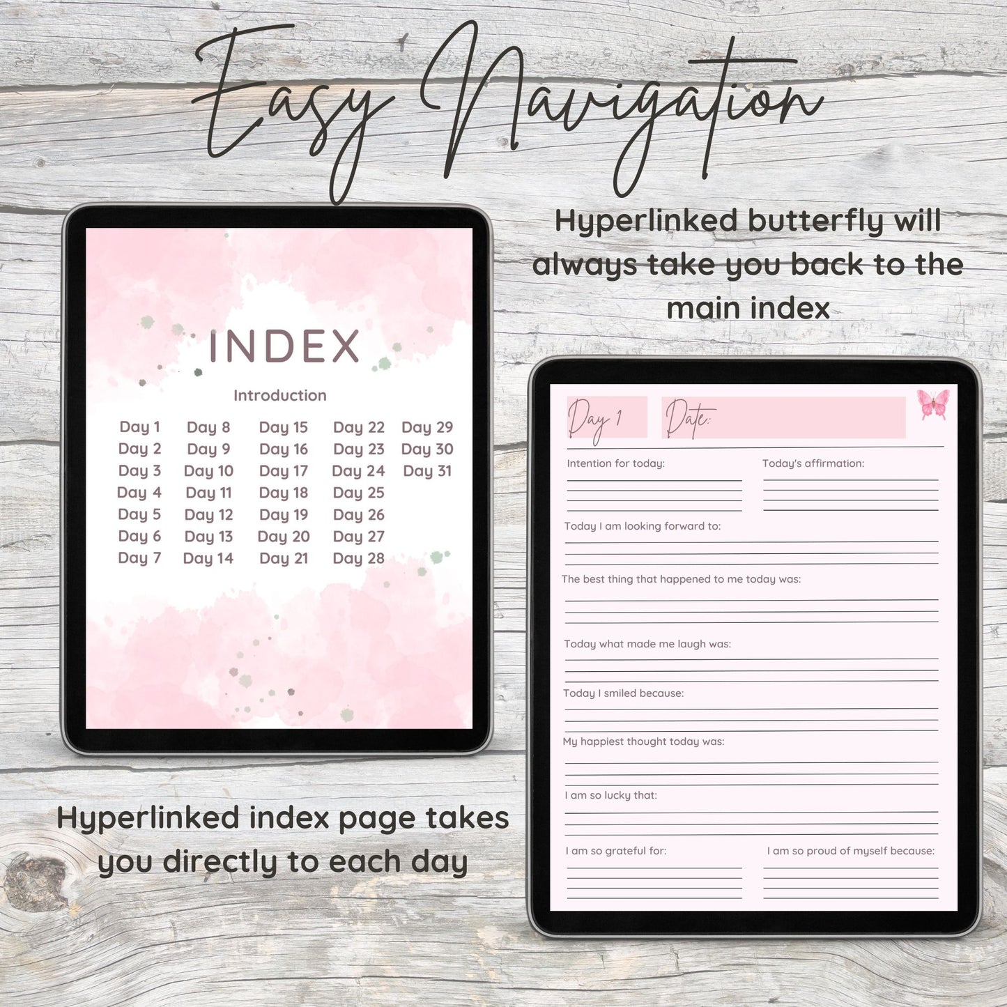 two black tablets one showing main index page and one showing daily page of digital gratitude journal describing easy navigation on grey and white wooden desk