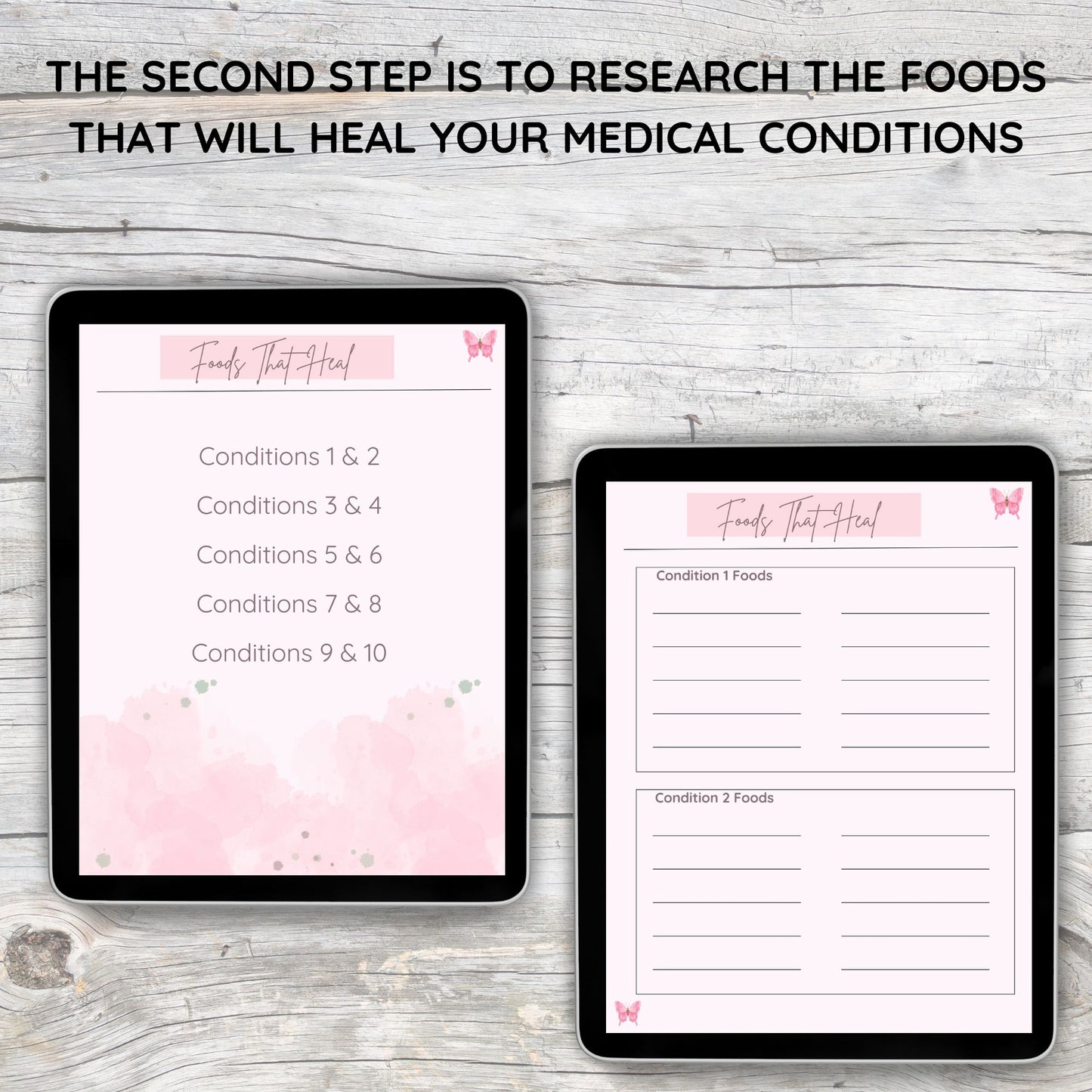 Two black tablets laying on grey and white wooden desk.  First tablet displays pink digital index page.  Second tablet displays pink digital page for foods that heal.
