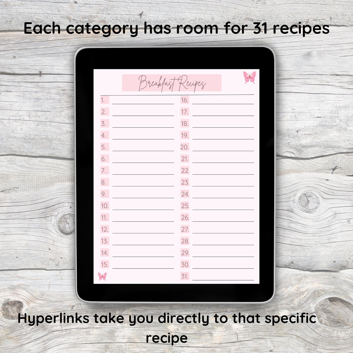 Black tablet laying on grey and white wooden desk.  Tablet displays digital list of recipe page.