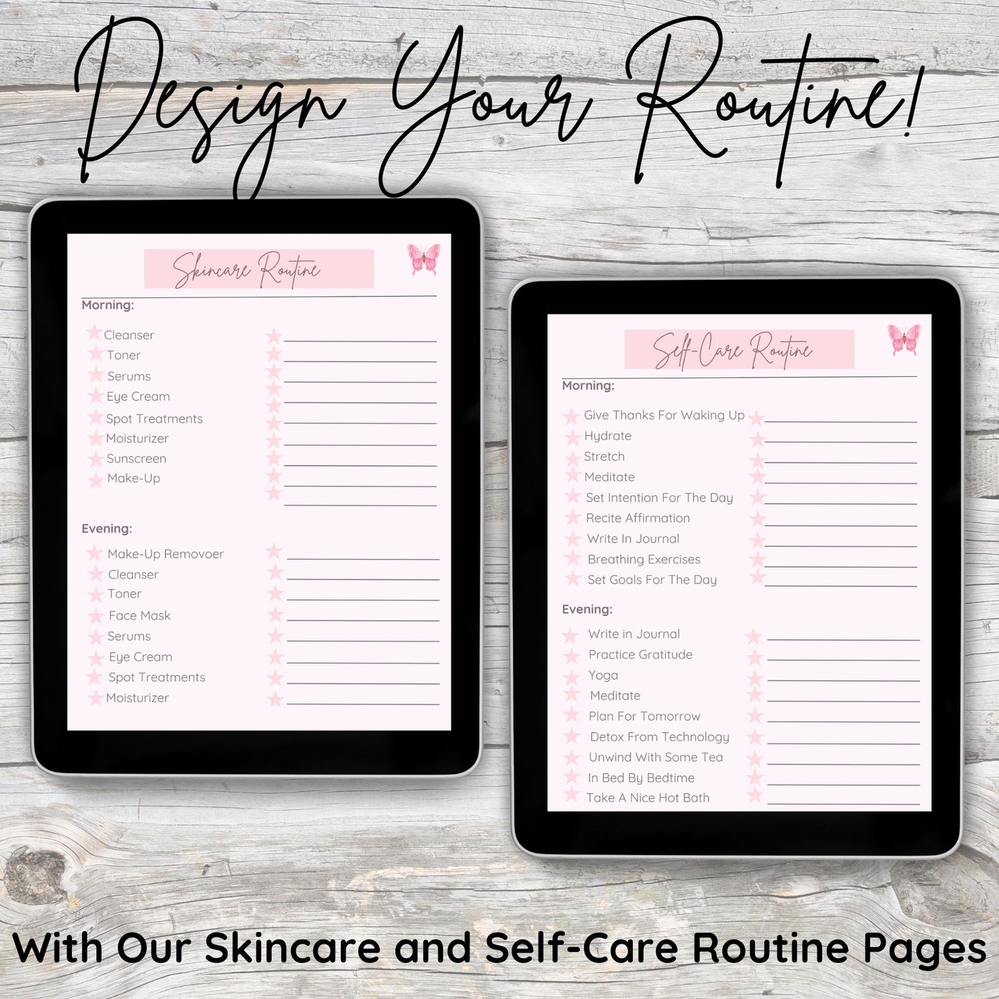 Two black tablets laying on grey and white wooden desk.  First tablet displays digital pink skincare routine page.  Second tablet displays digital pink self-care routine page.