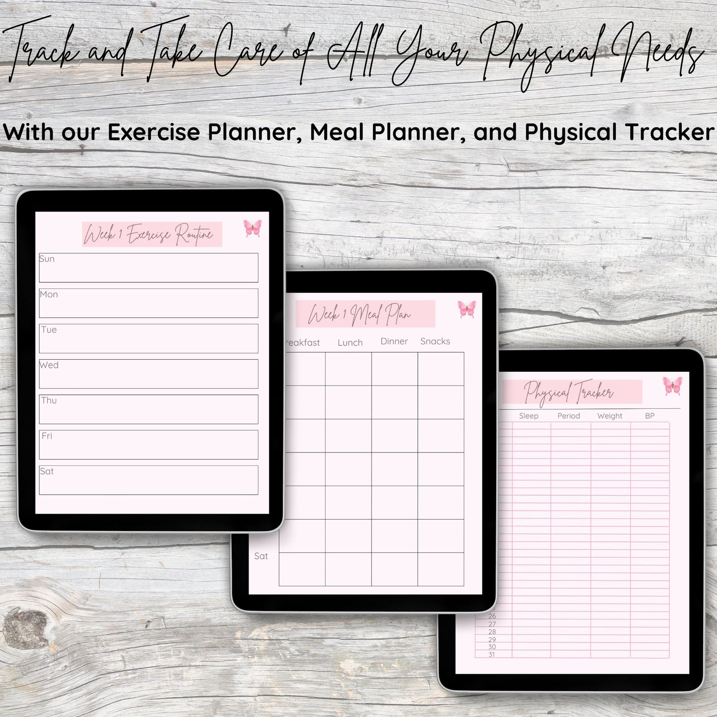 Three black tablets laying on grey and white wooden desk.  First tablet displays pink digital week 1 exercise routine page.  Second tablet displays pink digital week 1 meal plan page.  Third tablet displays pink digital physical tracker page.