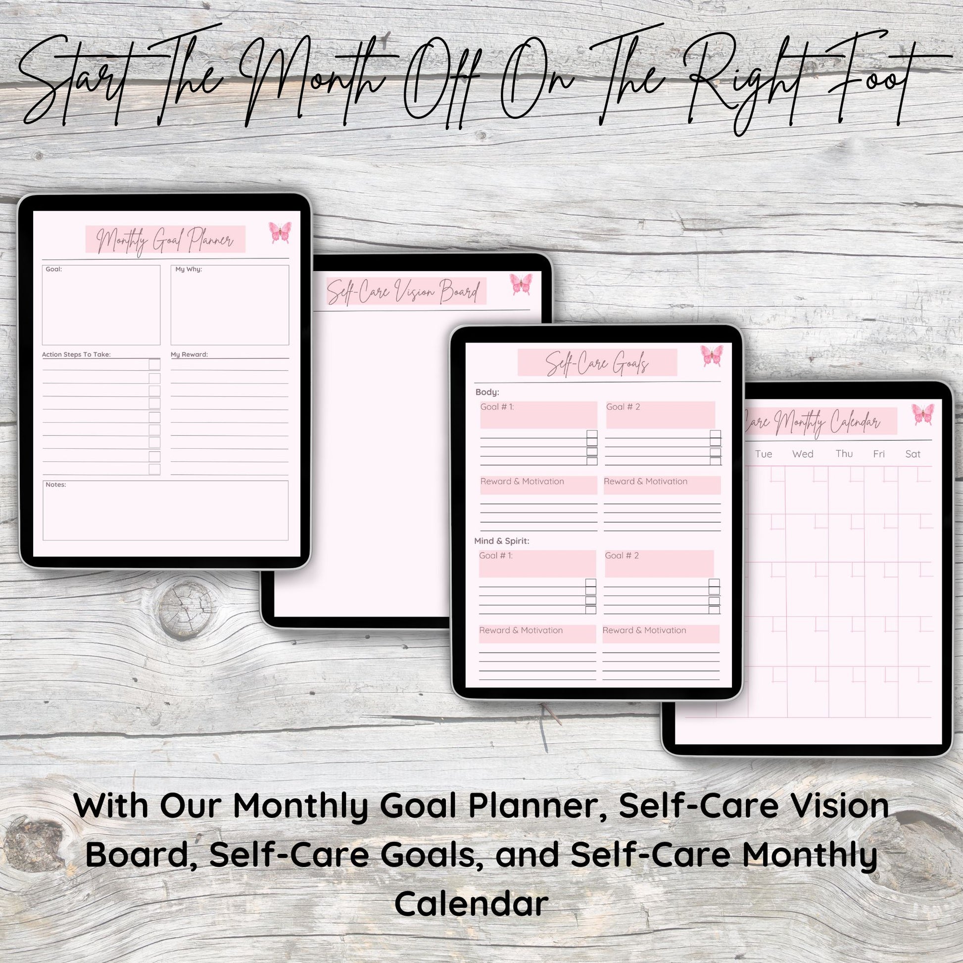 Four black tablets laying on grey and white wooden desk.  First tablet displays digital pink monthly goal planner page.  Second tablet displays digital pink self-care vision board.  Third tablet displays digital pink self-care goals page.  Fourth tablet displays digital pink self care monthly calendar.