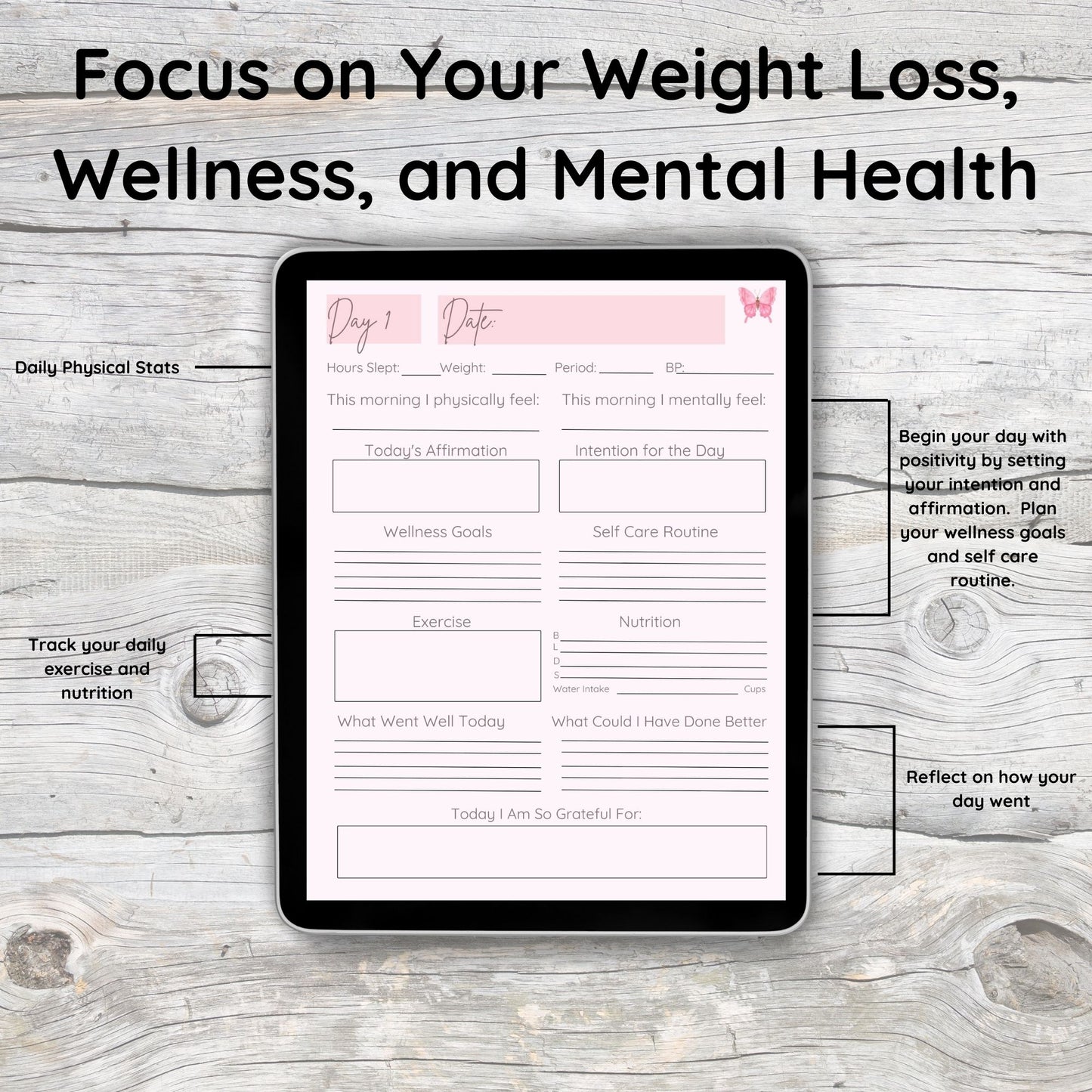 Black tablet on grey and white wooden desk.  Tablet displays pink daily wellness journal page.  Discusses focusing on weight loss, wellness, and mental health.