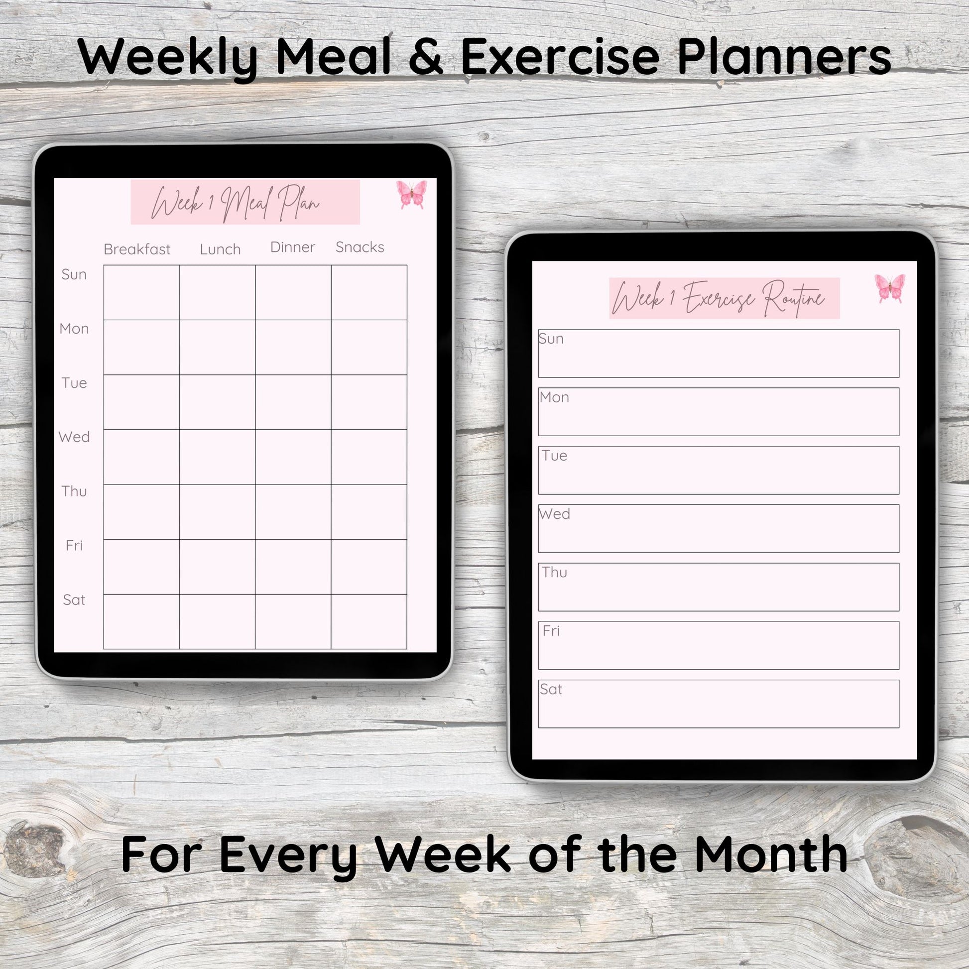 Two black tablets laying on grey and white wooden desk.  One tablet displays pink weekly meal plan page.  The second tablet displays pin weekly exercise routine page.