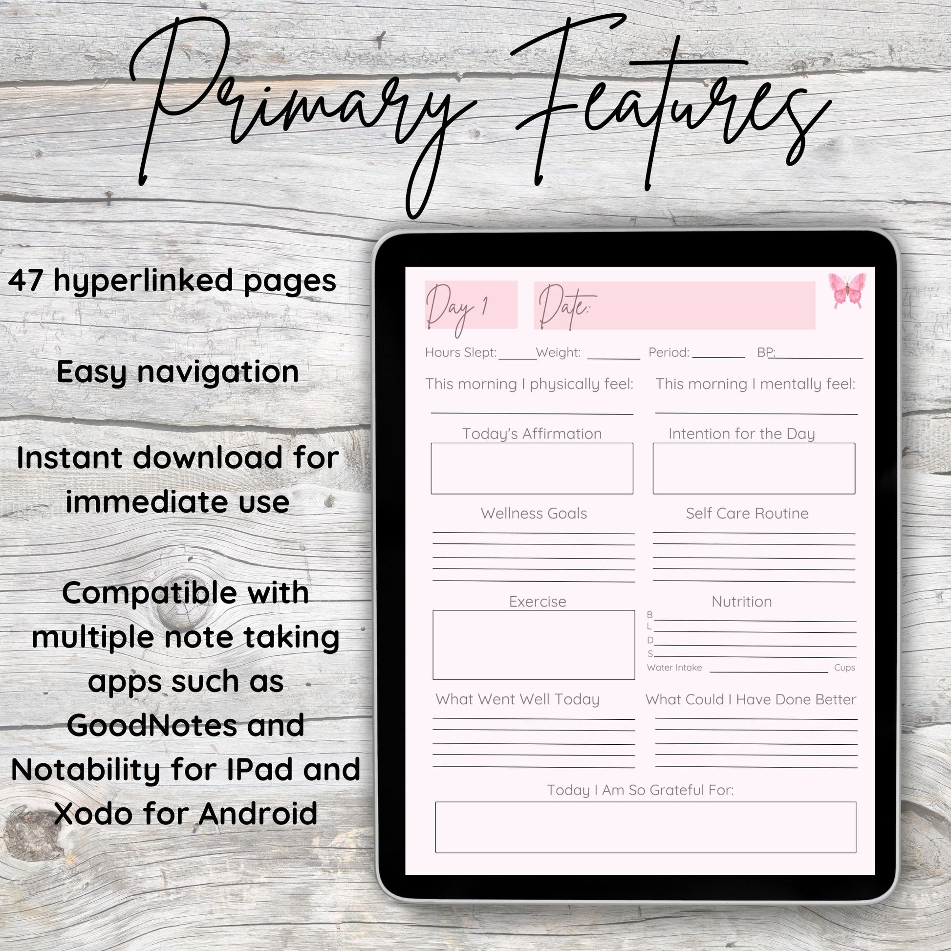 Black tablet laying on a grey and white wooden desk.  Tablet displays pink daily page.  Highlights the primary features of the digital wellness journal.